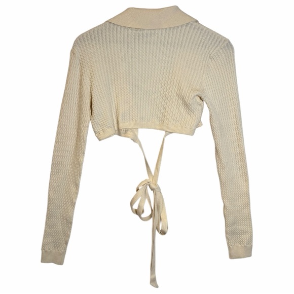 Danielle Bernstein Cropped Wrap Knit Top Tie Front Long Sleeve Cream Size M - Picture 8 of 14